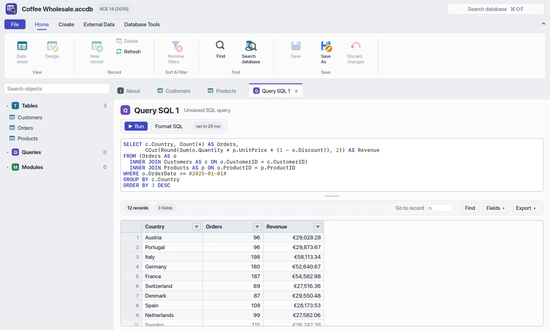 The SQL editor with a query joining three tables, and its results grouped by country.