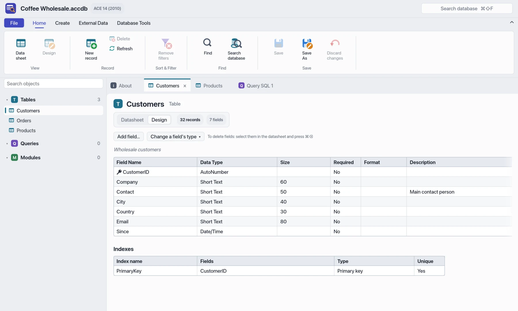 The design view of the Customers table: field names, data types, sizes, descriptions, and indexes.