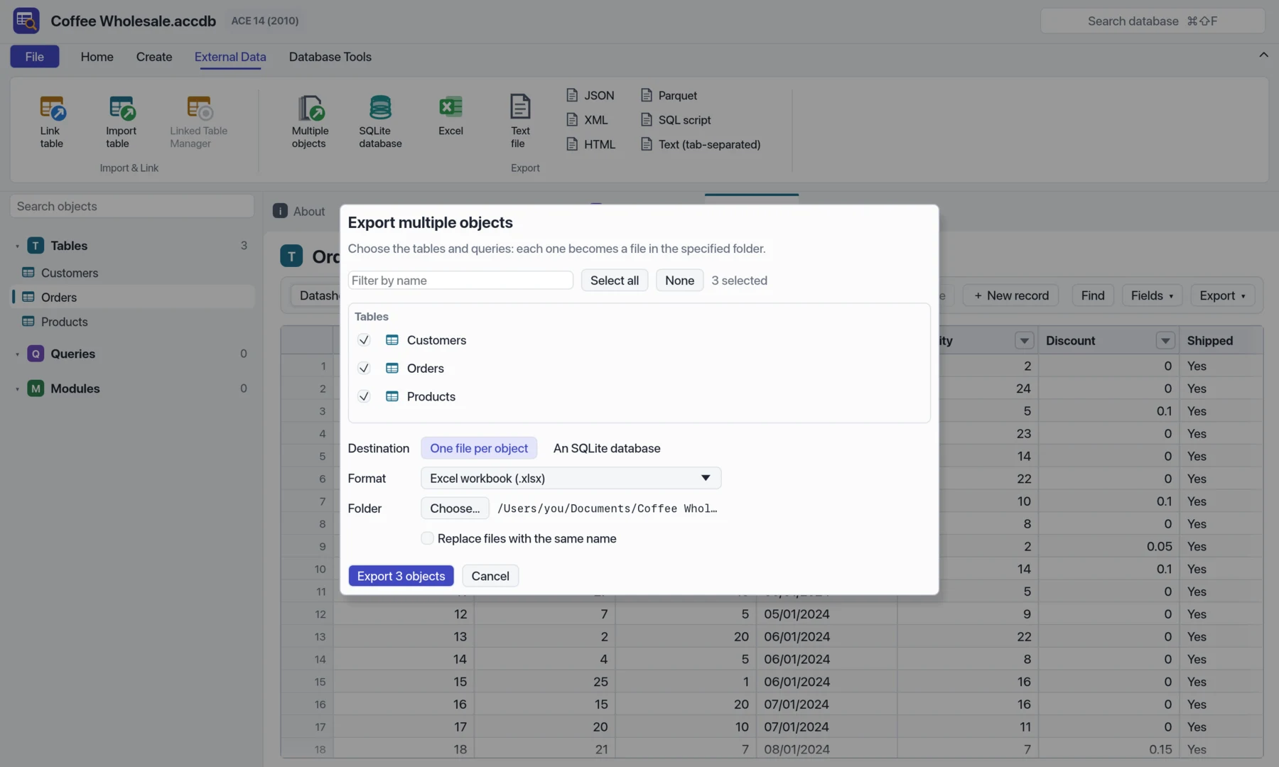 The Export multiple objects window with three tables selected and Excel workbook as the format.